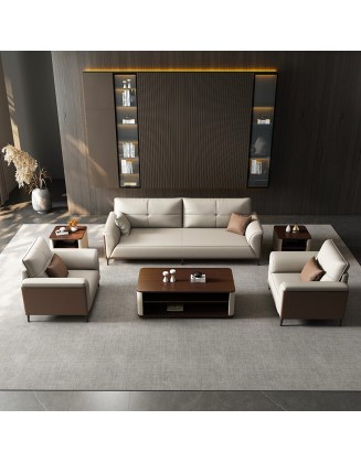 Office sofa and coffee table set, simple reception room, leisurely meeting area, three-seater genuine leather office sofa
