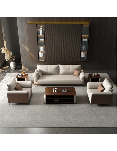 Office sofa and coffee table set, simple reception room, leisurely meeting area, three-seater genuine leather office sofa