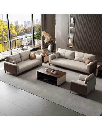 Office sofa and coffee table set, simple reception room, leisurely meeting area, three-seater genuine leather office sofa