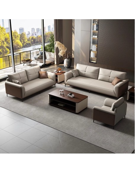 Office sofa and coffee table set, simple reception room, leisurely meeting area, three-seater genuine leather office sofa