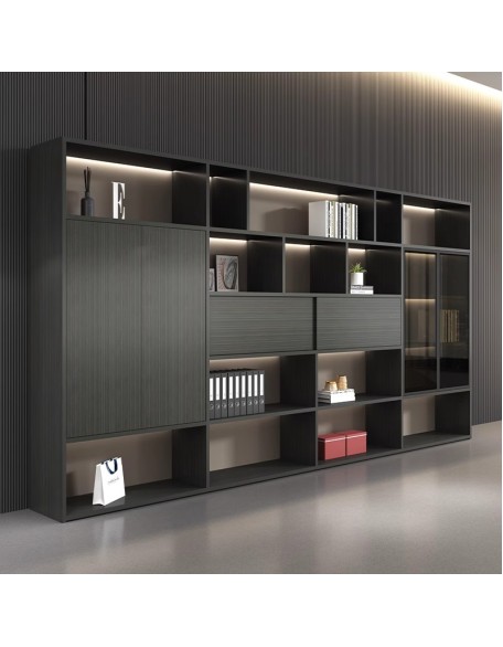 Luxury wooden filing cabinet for office documents, storage cabinet for books, background cabinet for manager's office